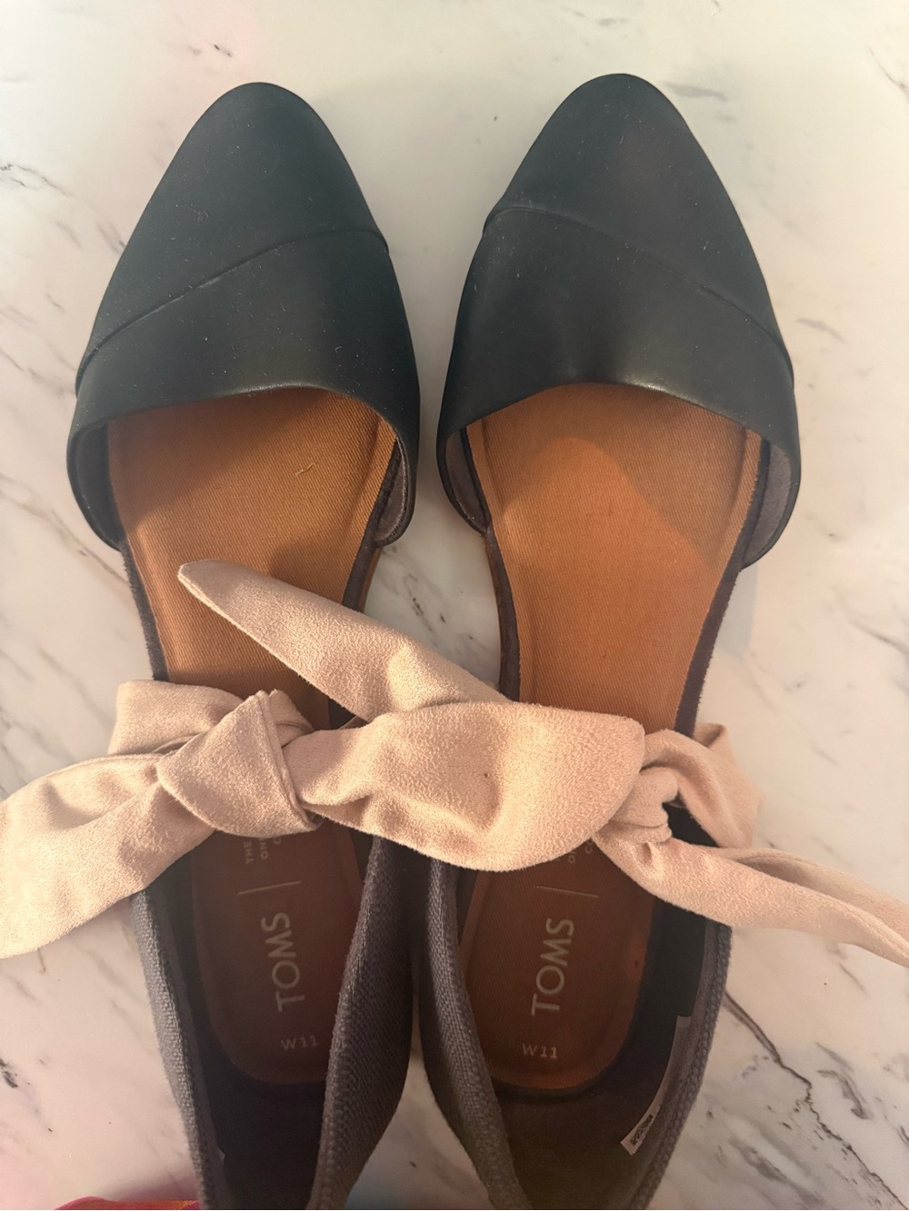 Toms Black Pointed D'Orsay Flats with Beige Ankle Tie